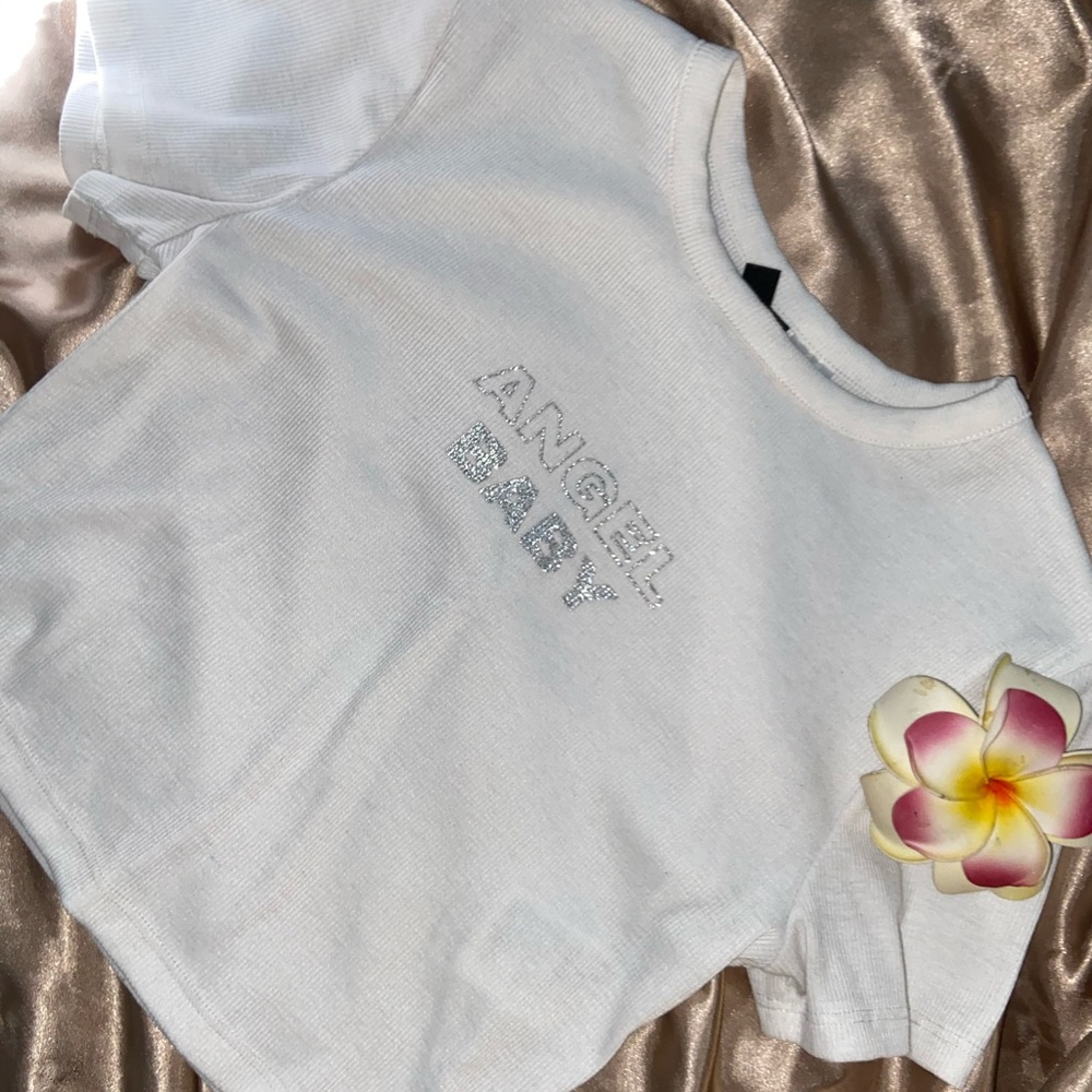 Cropped White Tee, Printed “Angel Baby”